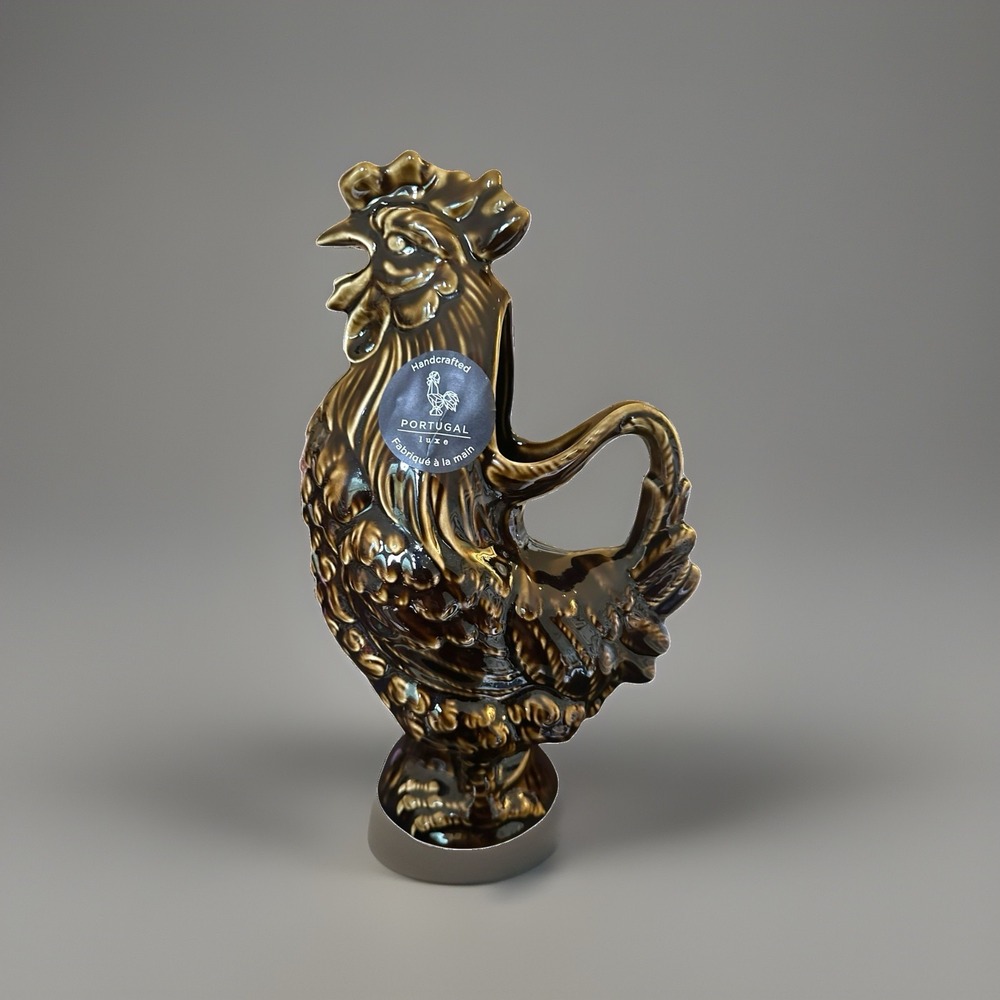 NWT Rooster Chocolate Brown Ceramic Majolica Made In Portugal 10.5" Tall Cottage